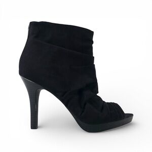 Fioni Women's Black Ruched Peep-Toe Heeled Ankle Boots - Size 11